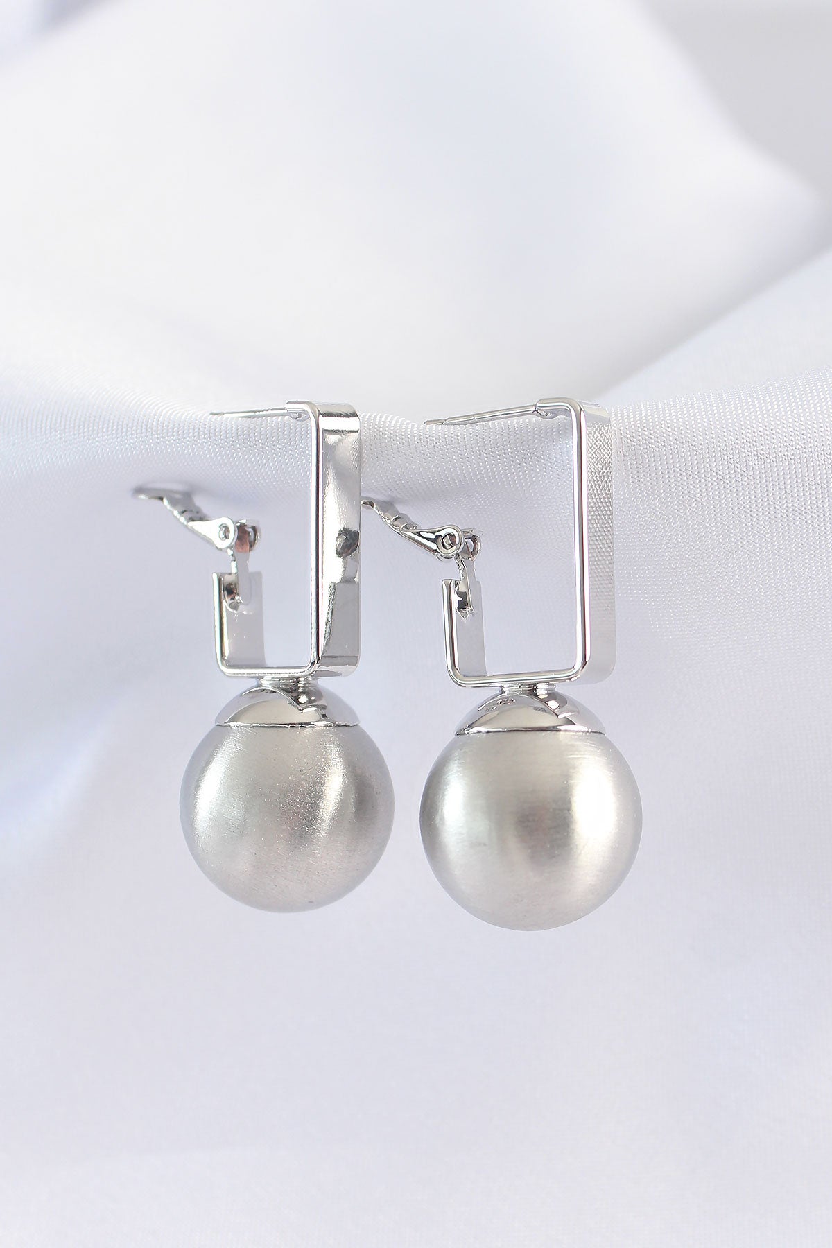 Brass Silver Color Rectangular Detail Oval Earrings