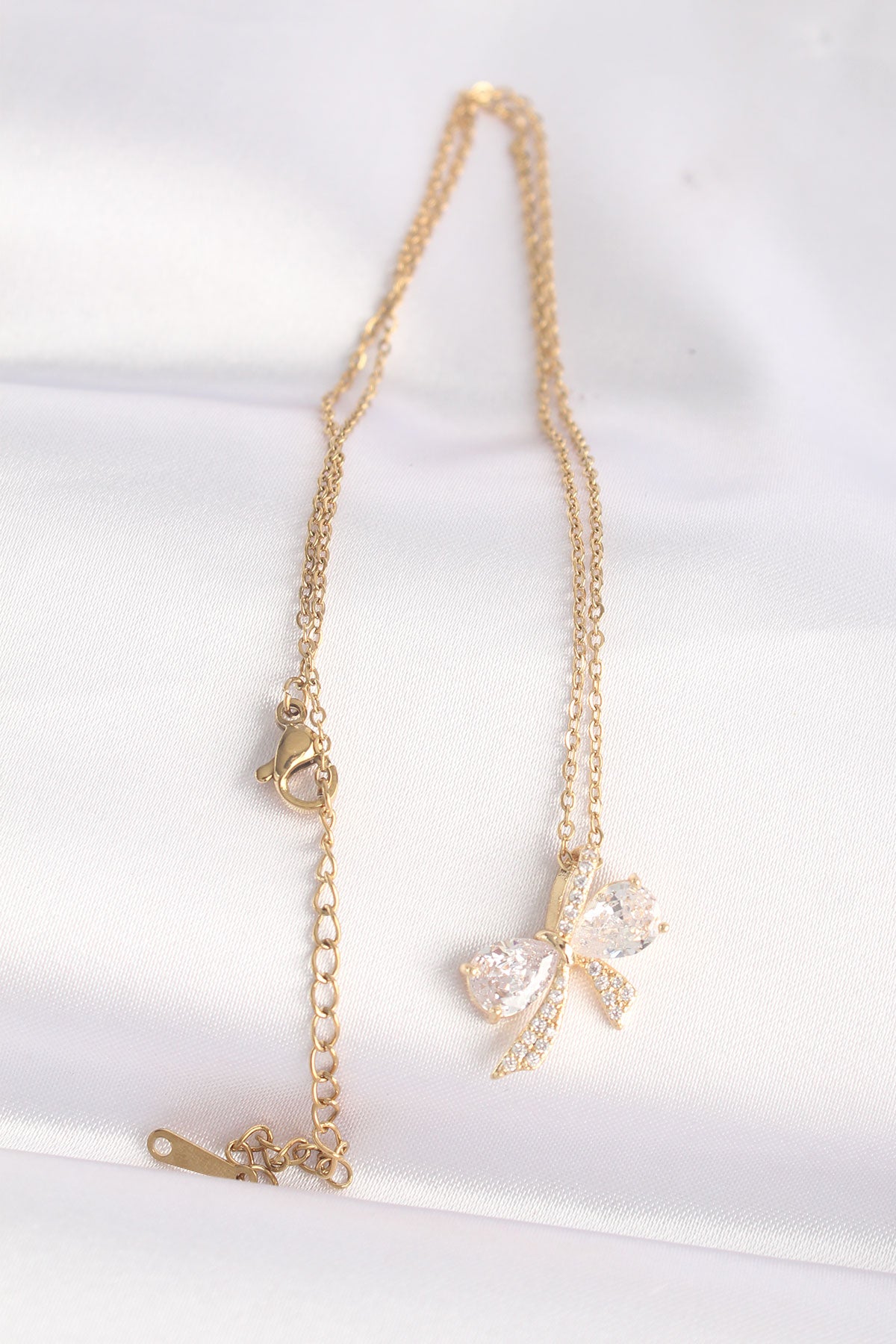 316L Steel Chain Gold Color Zircon Stone Bow Necklace