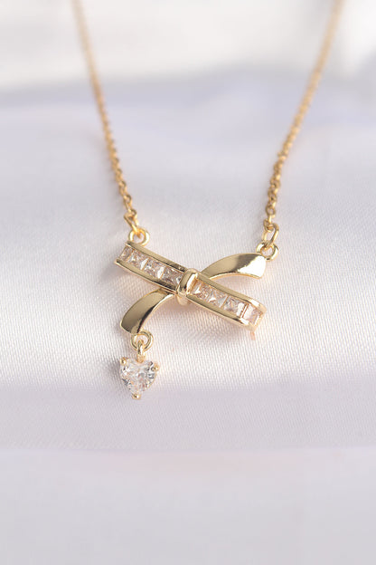 316L Steel Chain Gold Color Zircon Stone Heart Detail Bow Necklace