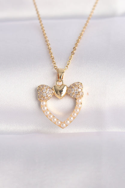 316L Steel Chain Gold Color Pearl Stone Detail Zircon Stone Heart Necklace