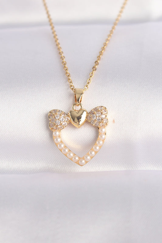 316L Steel Chain Gold Color Pearl Stone Detail Zircon Stone Heart Necklace