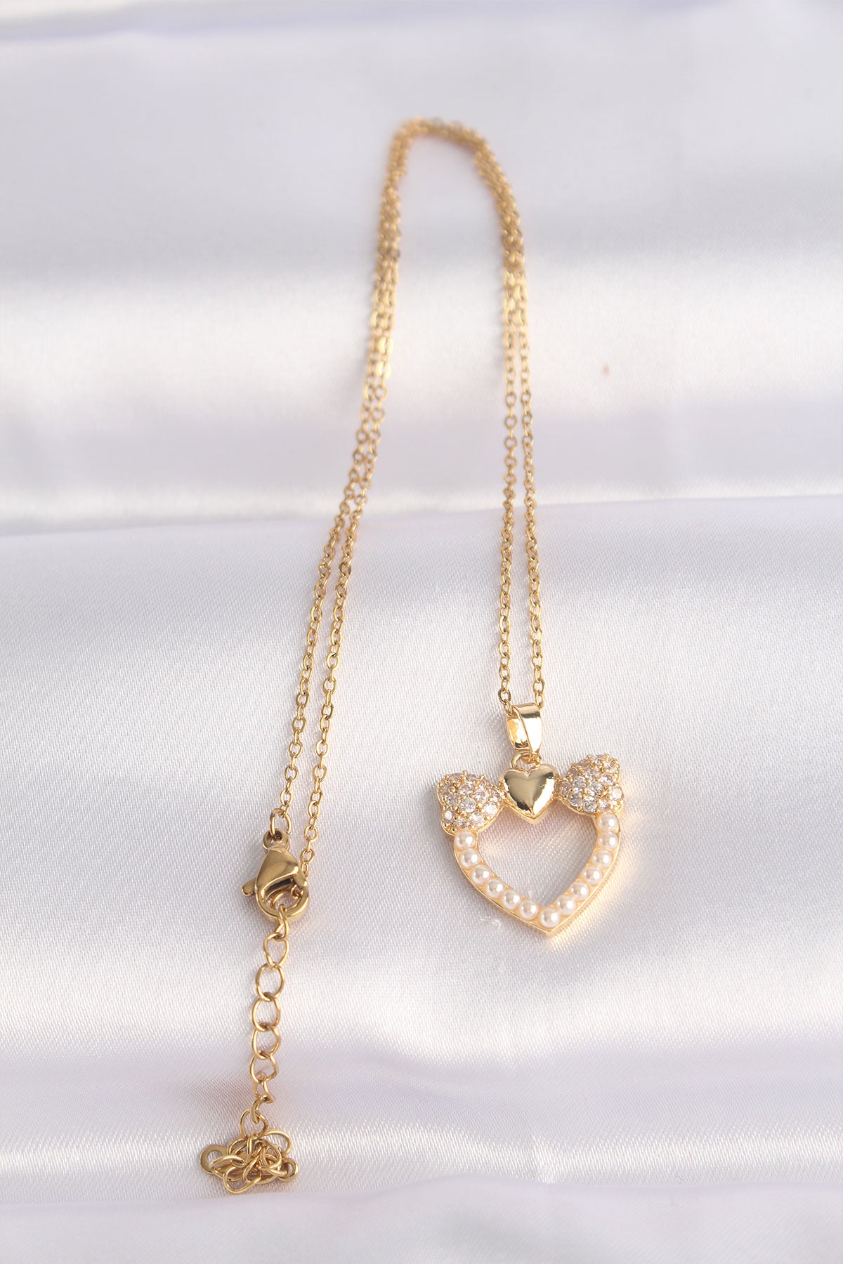 316L Steel Chain Gold Color Pearl Stone Detail Zircon Stone Heart Necklace