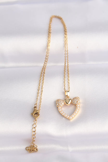 316L Steel Chain Gold Color Pearl Stone Detail Zircon Stone Heart Necklace
