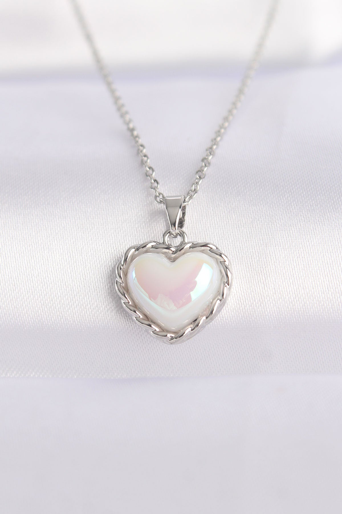 316L Steel Chain Silver Color White Stone Domed Heart Necklace