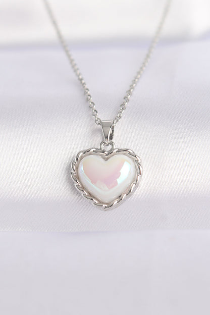 316L Steel Chain Silver Color White Stone Domed Heart Necklace