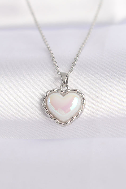 316L Steel Chain Silver Color White Stone Domed Heart Necklace