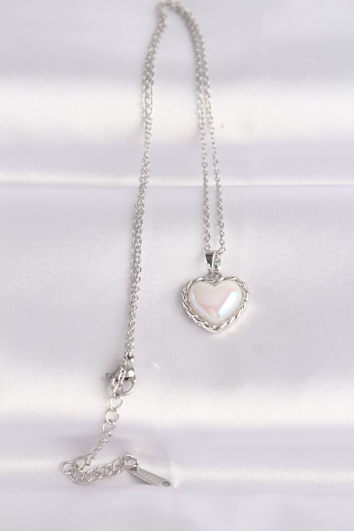 316L Steel Chain Silver Color White Stone Domed Heart Necklace