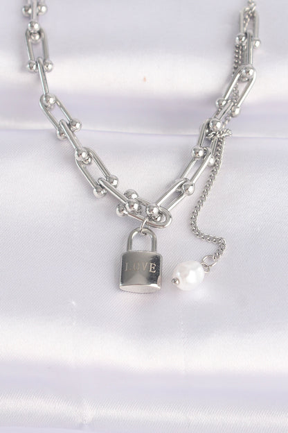 316L Steel Chain Silver Color Love Written Lock Necklace
