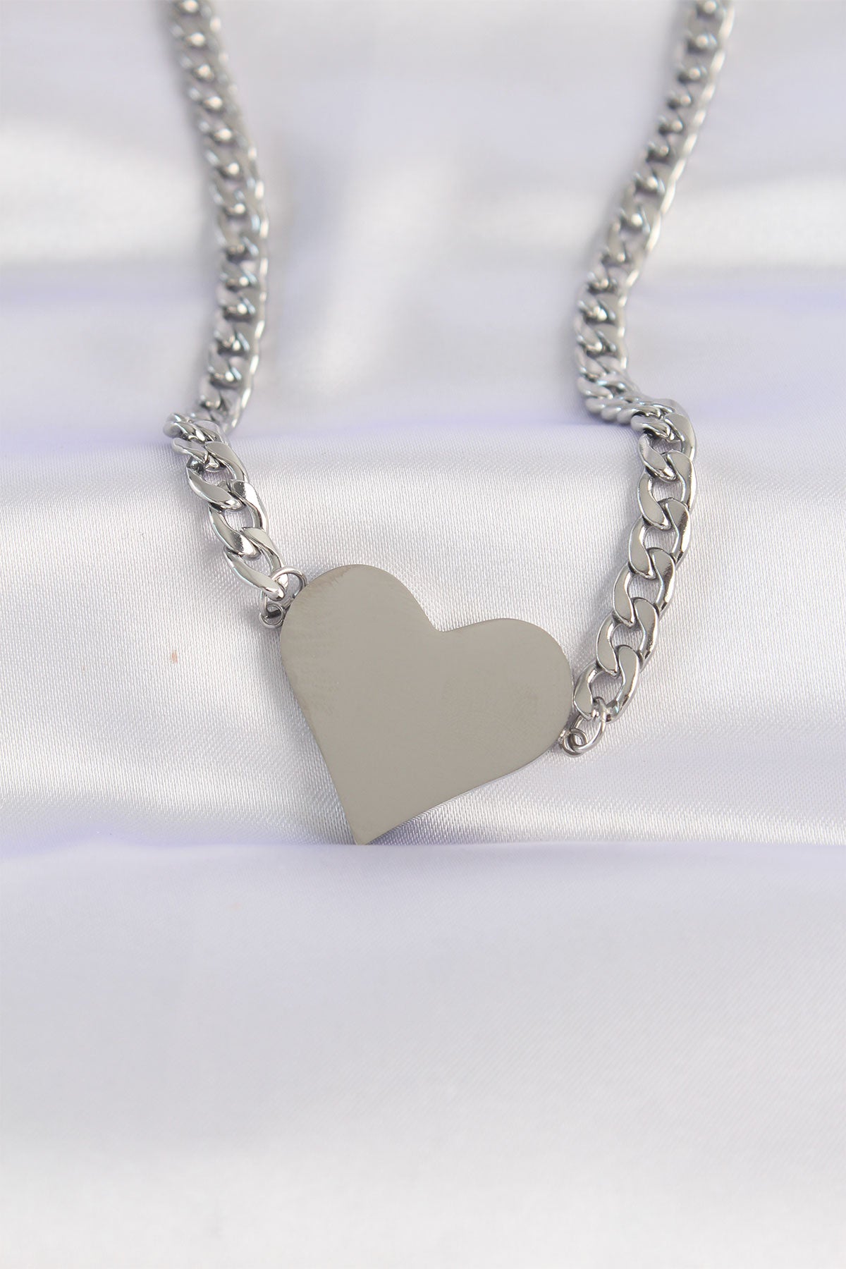 316L Steel Chain Silver Color Flat Plate Heart Necklace