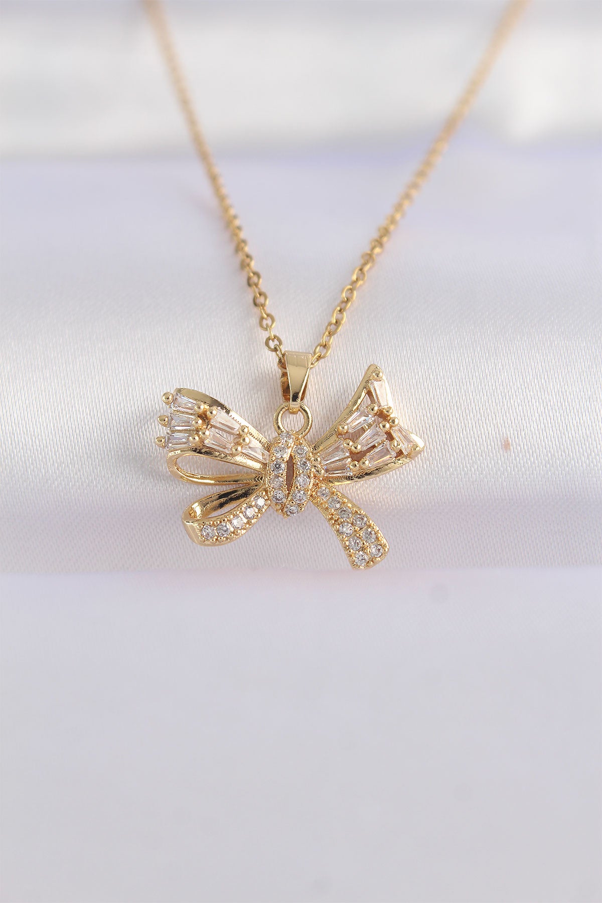 316L Steel Chain Gold Color Zircon Stone Bow Necklace