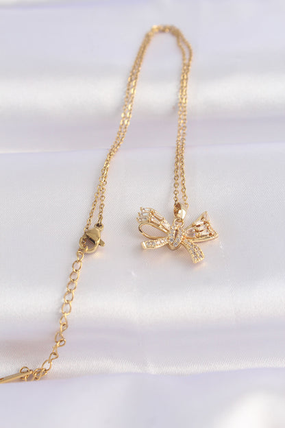 316L Steel Chain Gold Color Zircon Stone Bow Necklace