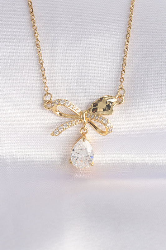 316L Steel Chain Gold Color Zircon Stone Drop Detail Bow Necklace