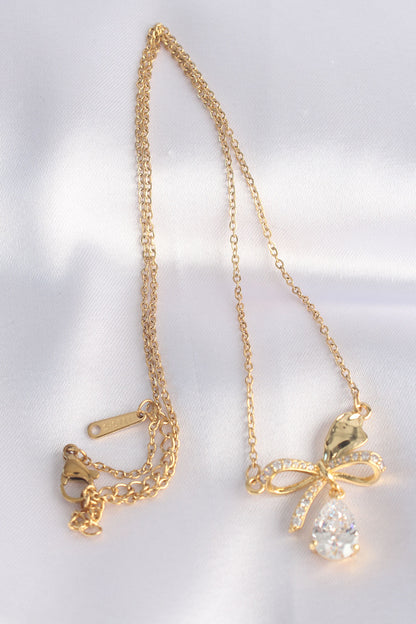 316L Steel Chain Gold Color Zircon Stone Drop Detail Bow Necklace