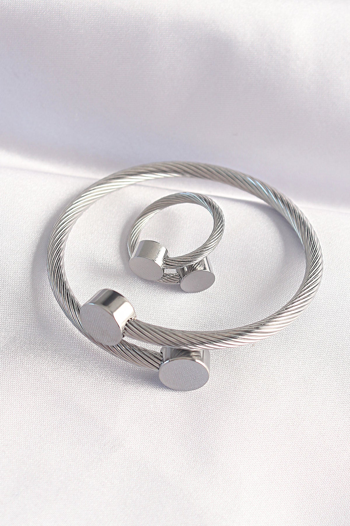 316L Steel Silver Color Oval Accessory Twist Model Bracelet and Ring Combination