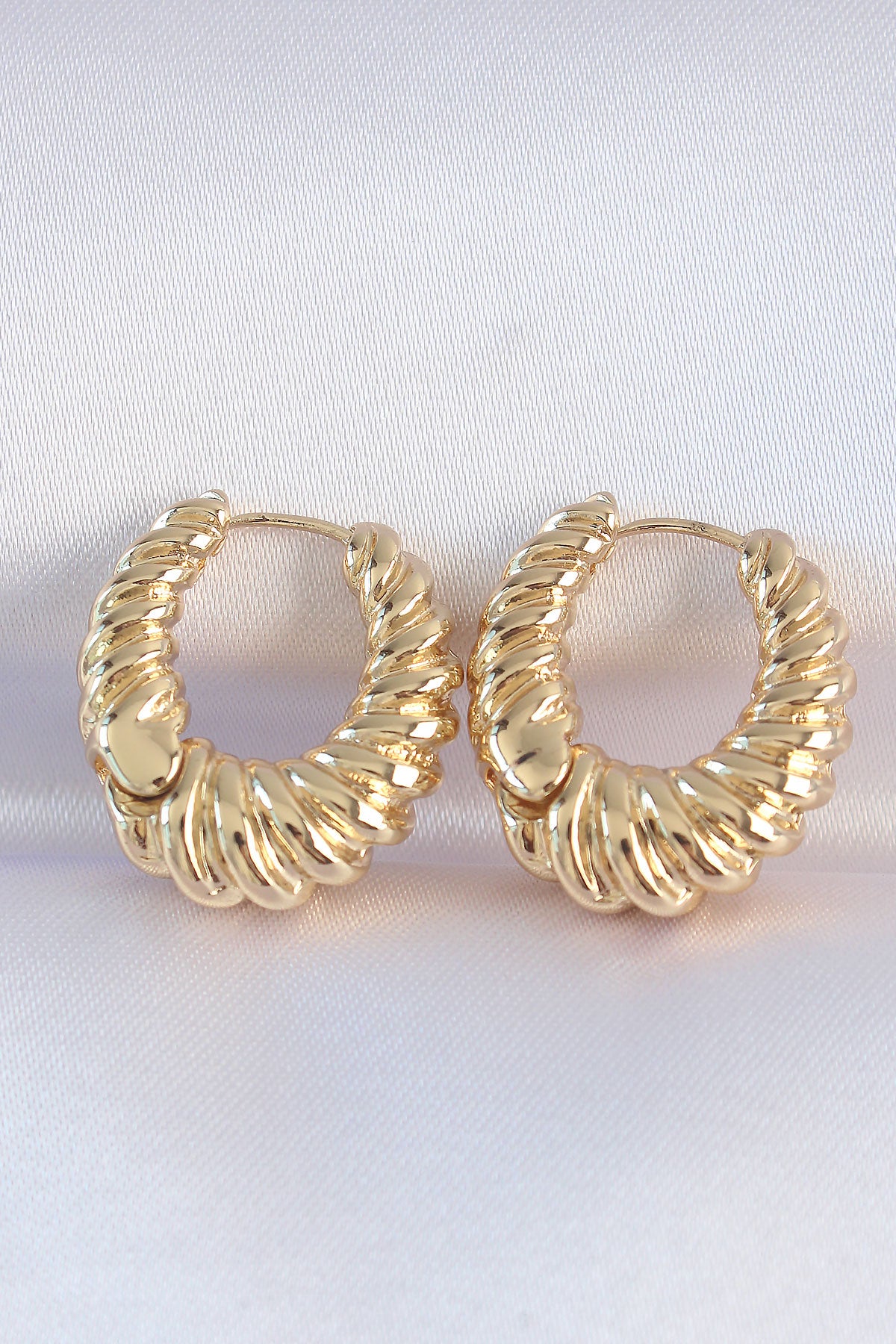 Brass Gold Color Serration Detail Domed Hoop Earrings