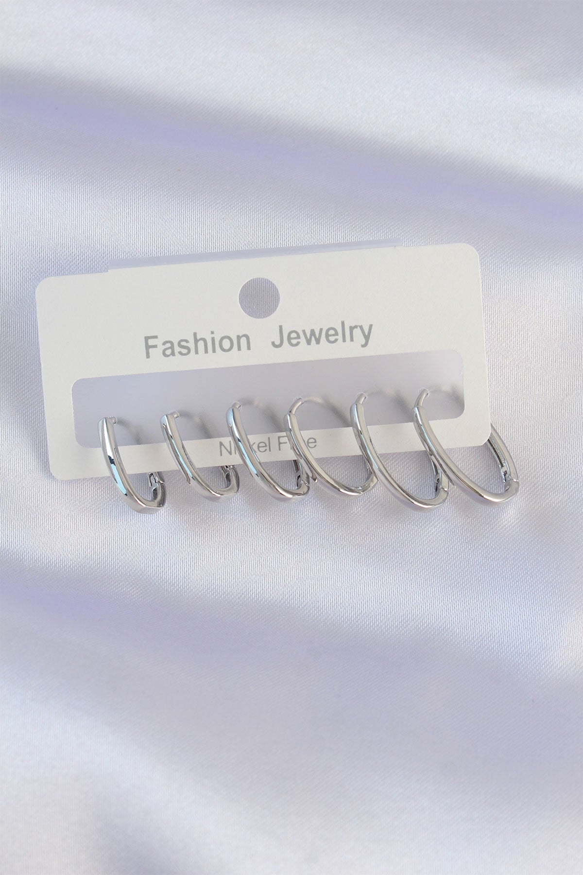 Brass Silver Color Thin Oval Earring Set