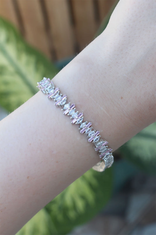 Vip Series Brass Pink Zircon Stone Silver Color Baguette Model Bracelet