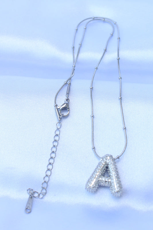 Silver Color Bubble Necklace with Zircon Stone and 316L Steel Chain and Letter A