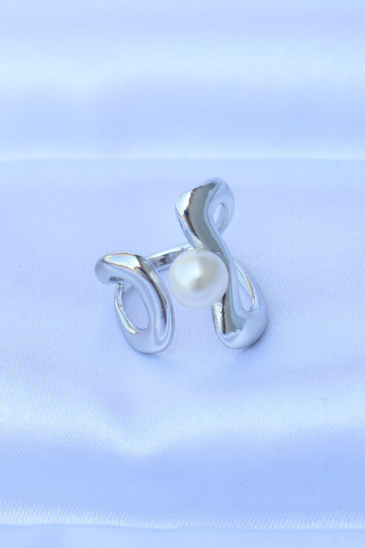 Brass Silver Color Adjustable Pearl Stone Ring