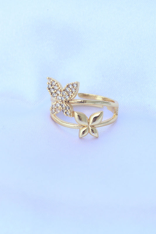 Brass Gold Color Adjustable Zircon Stone Butterfly Ring