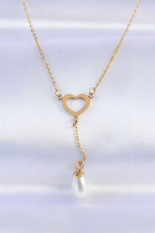 316L Steel Chain Gold Color Pearl Stone Detail Heart Necklace