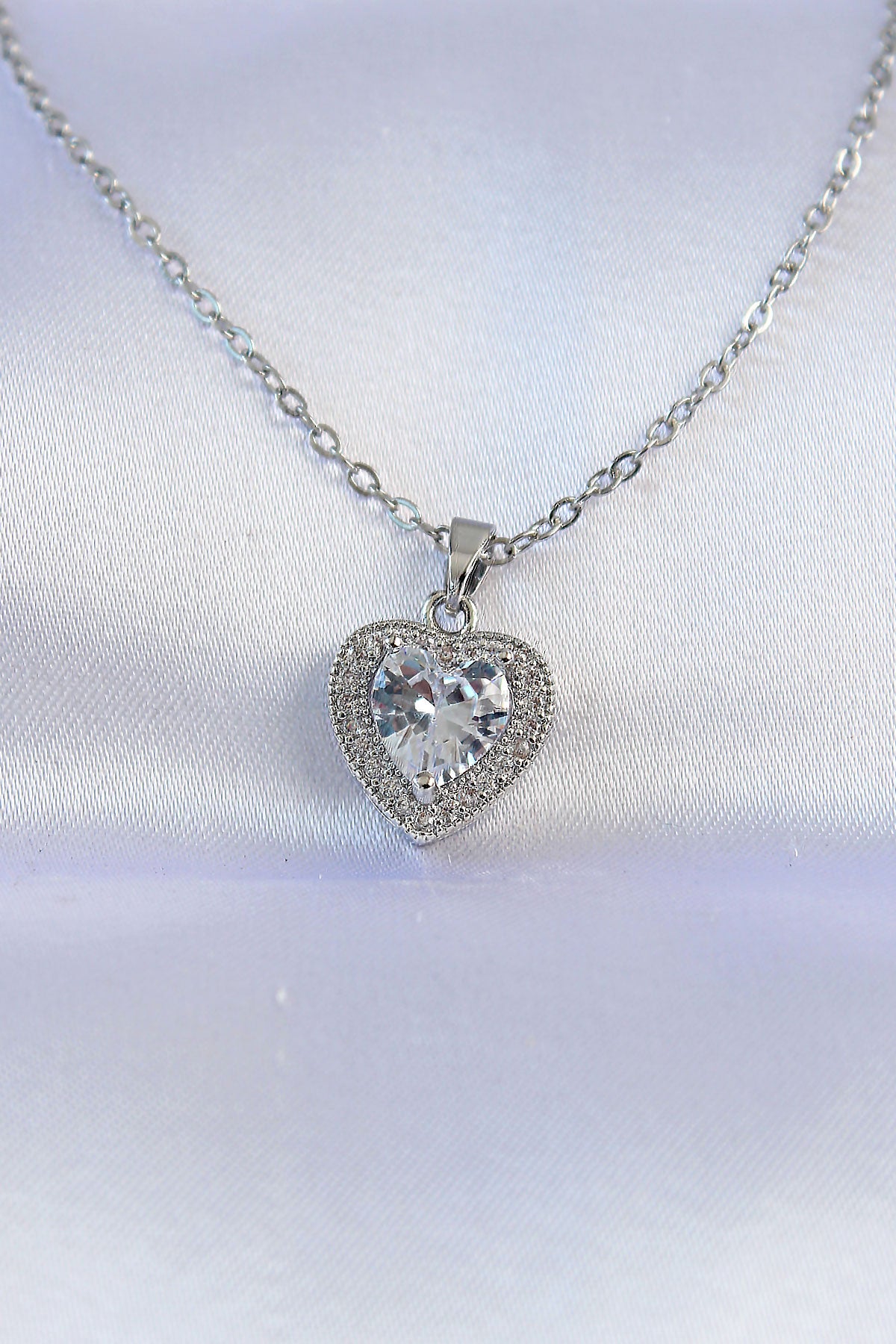 316L Steel Chain Silver Color Zircon Stone Charm Heart Necklace