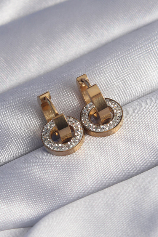 316L Steel Gold Color Zircon Stone Interlocking Oval Earrings