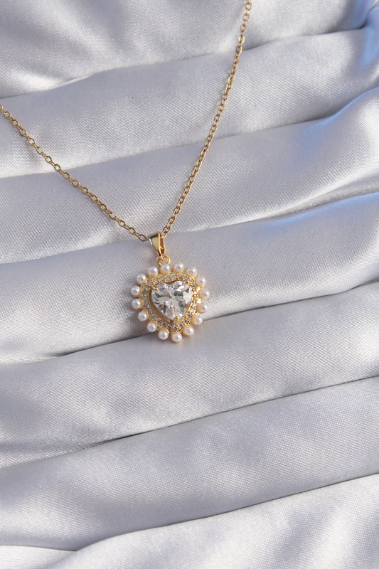 316L Steel Chain Gold Color Pearl Zircon Stone Heart Design Necklace