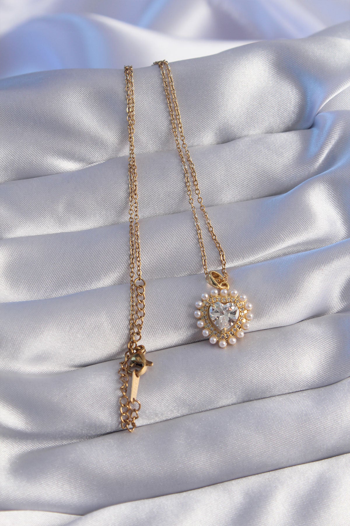 316L Steel Chain Gold Color Pearl Zircon Stone Heart Design Necklace