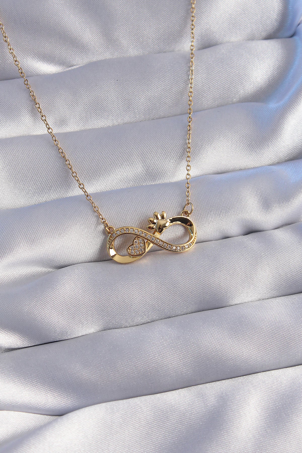 316L Steel Chain Gold Color Zircon Stone Paw and Heart Detailed Infinity Necklace