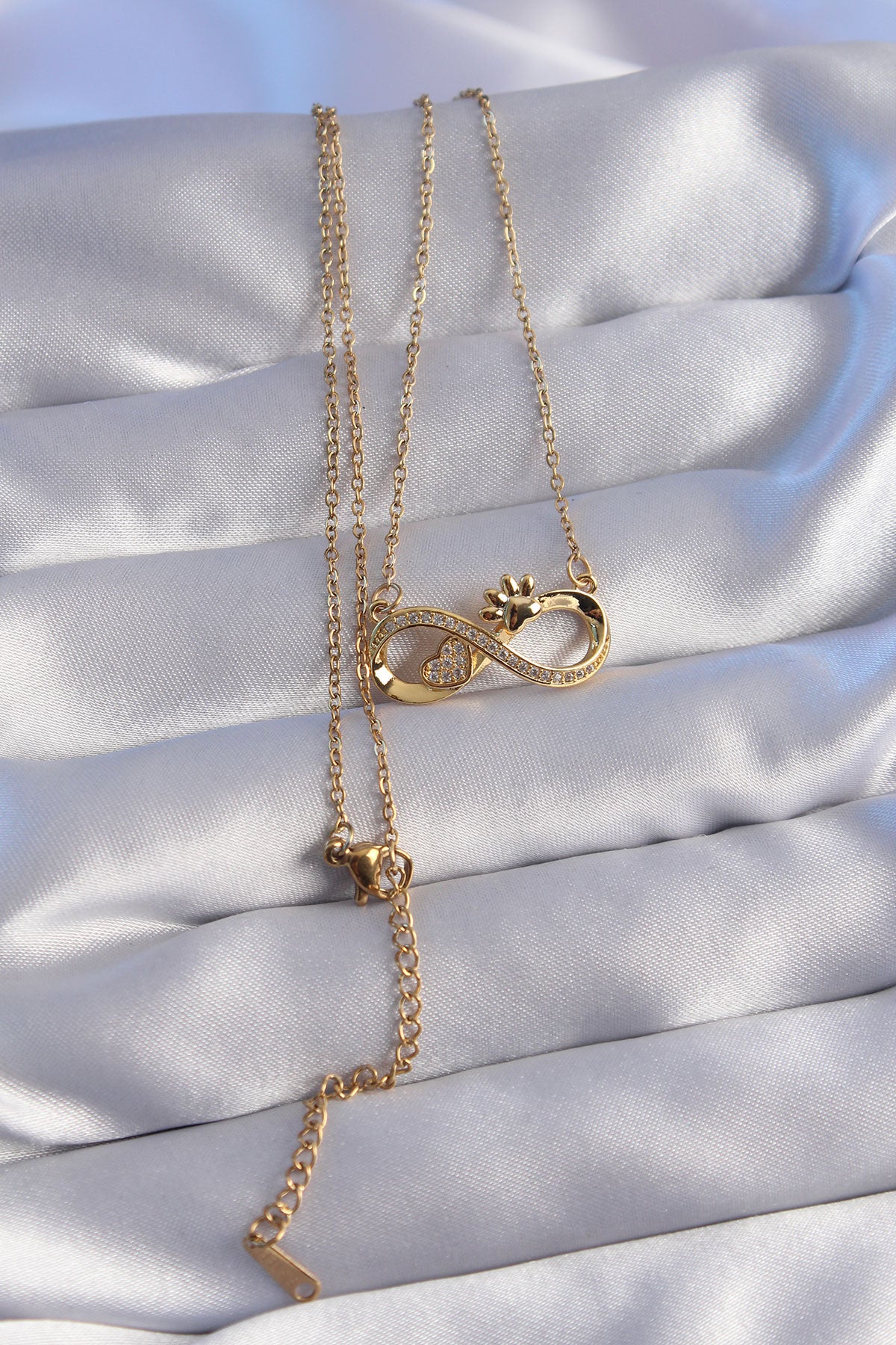 316L Steel Chain Gold Color Zircon Stone Paw and Heart Detailed Infinity Necklace