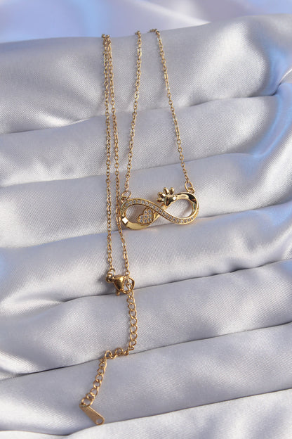 316L Steel Chain Gold Color Zircon Stone Paw and Heart Detailed Infinity Necklace