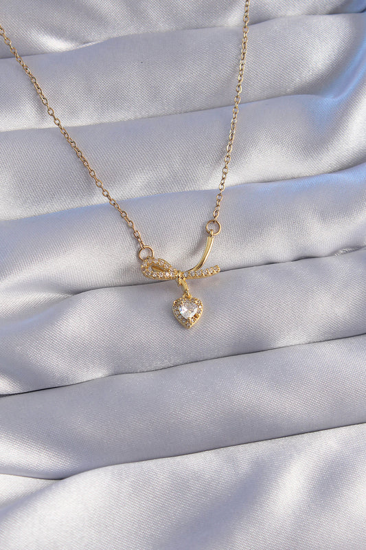 316L Steel Chain Gold Color Zircon Stone Half Bow Heart Necklace