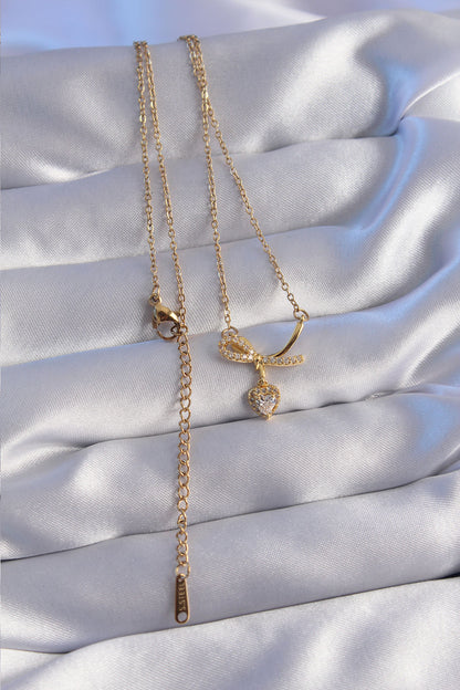 316L Steel Chain Gold Color Zircon Stone Half Bow Heart Necklace