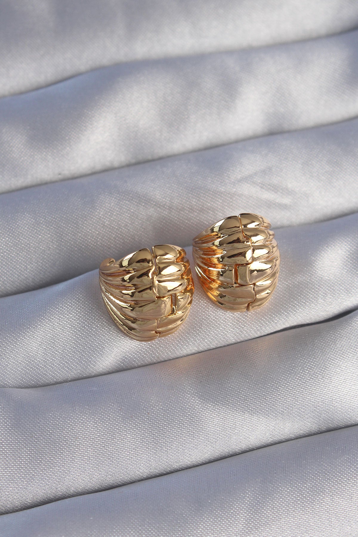 Brass Gold Color Serrated Minimal Domed Design Earrings