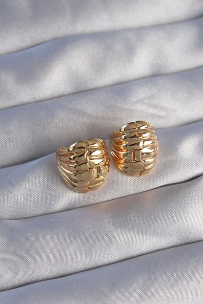 Brass Gold Color Serrated Minimal Domed Design Earrings