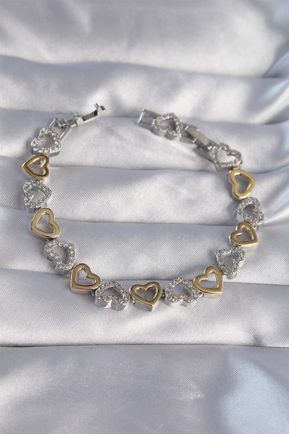 VIP Series Brass Double Color Zircon Stone Hollow Heart Design Bracelet