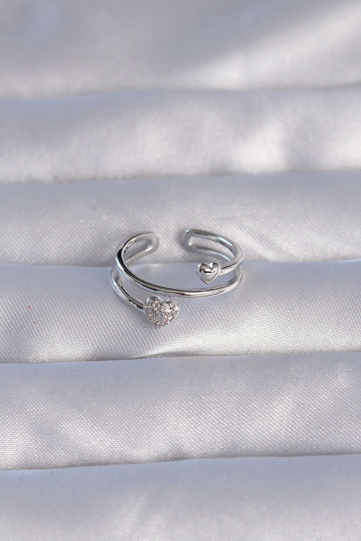 Brass Silver Color Zircon Stone Heart Model Adjustable Ring