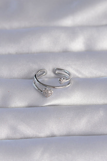 Brass Silver Color Zircon Stone Heart Model Adjustable Ring