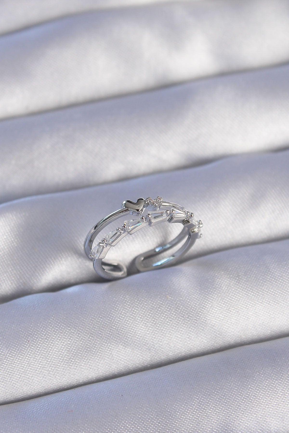 Brass Silver Color Zircon Stone Heart 2-Piece Adjustable Ring