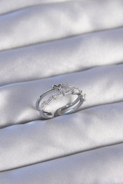 Brass Silver Color Zircon Stone Heart 2-Piece Adjustable Ring