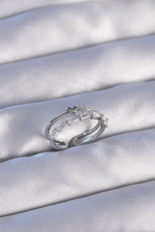 Brass Silver Color Zircon Stone Heart 2-Piece Adjustable Ring