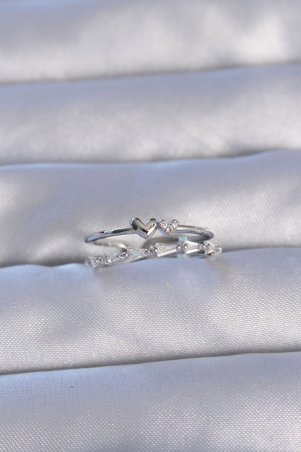 Brass Silver Color Zircon Stone Heart 2-Piece Adjustable Ring