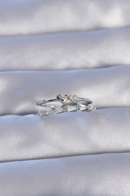 Brass Silver Color Zircon Stone Heart 2-Piece Adjustable Ring