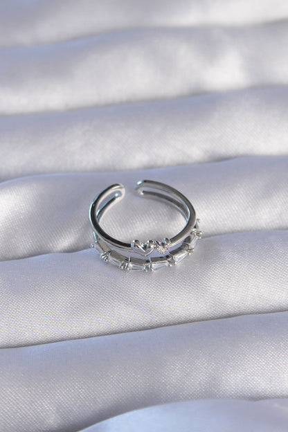 Brass Silver Color Zircon Stone Heart 2-Piece Adjustable Ring