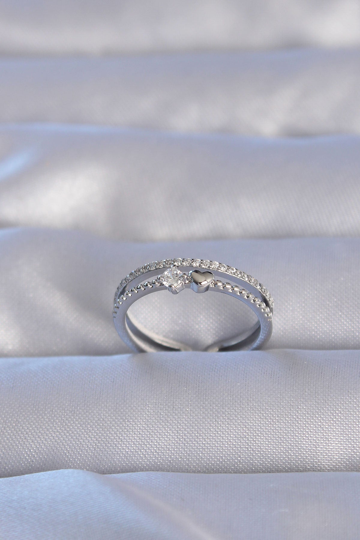 Brass Silver Color Zircon Stone Heart Waterway Model Adjustable Ring