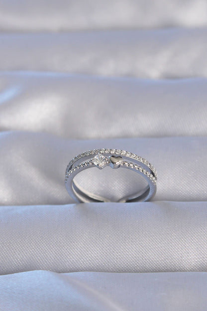 Brass Silver Color Zircon Stone Heart Waterway Model Adjustable Ring