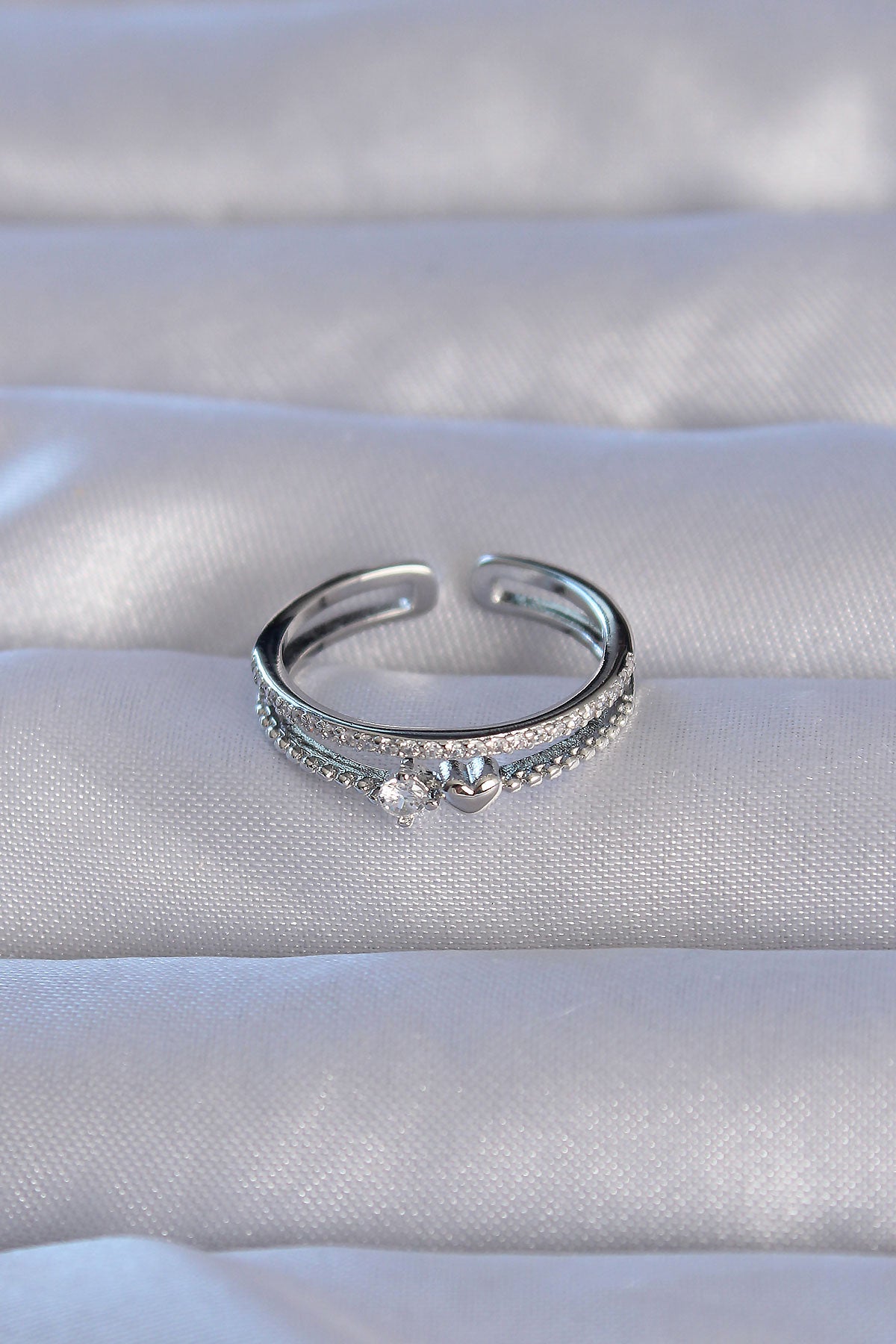 Brass Silver Color Zircon Stone Heart Waterway Model Adjustable Ring