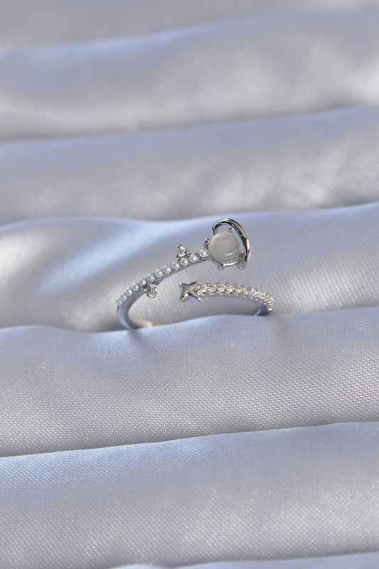 Brass Silver Color Zircon Stone Pearl Saturn Model Adjustable Ring