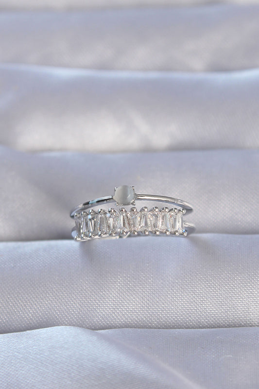 Brass Silver Color Zircon Stone Baguette Waterway Model Adjustable Ring